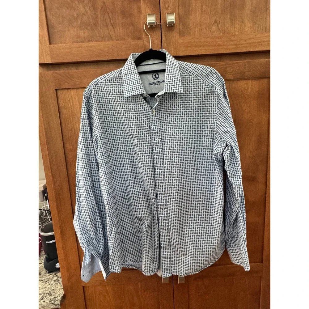 Bugatchi Uomo Men's Medium Blue White Geometric Paisley Long Sleeve Button Shirt